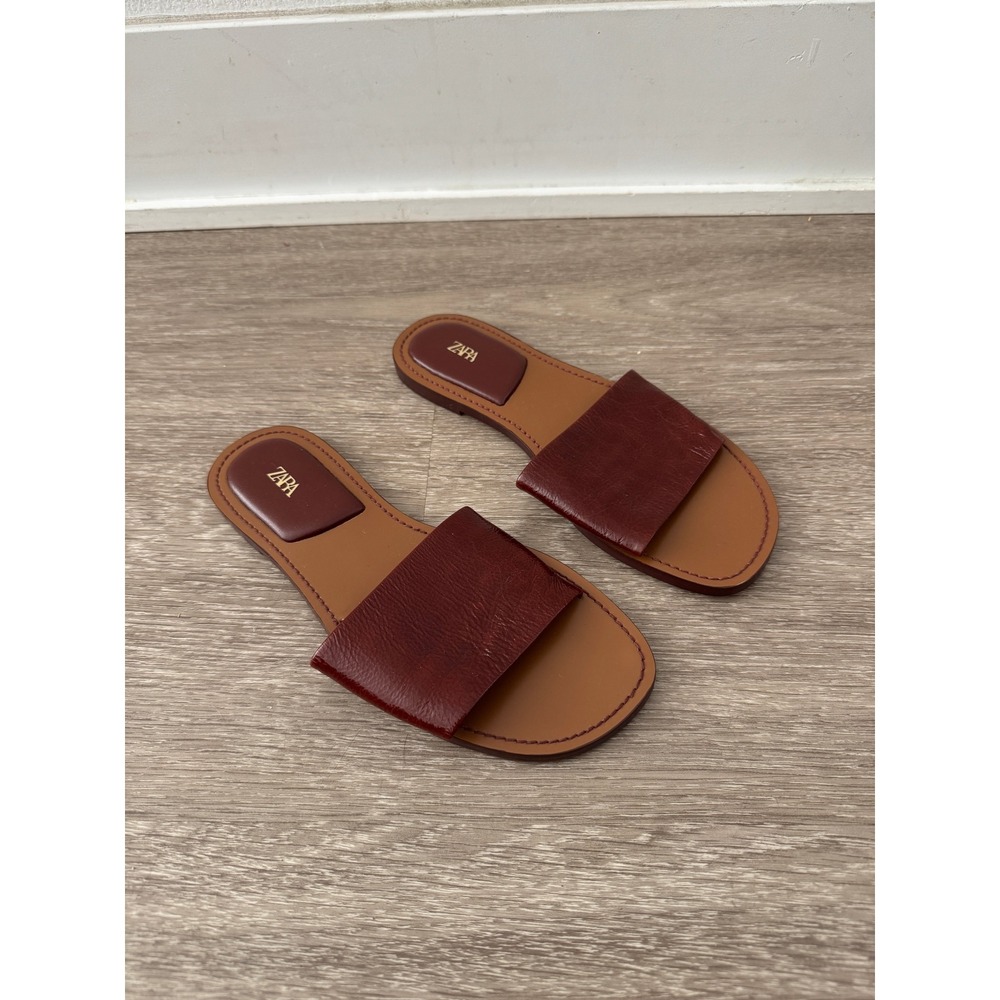 Zara Women Burgundy Flat Slide Sandals Minimalist Slip On Shoes Size 38 - Picture 1 of 6